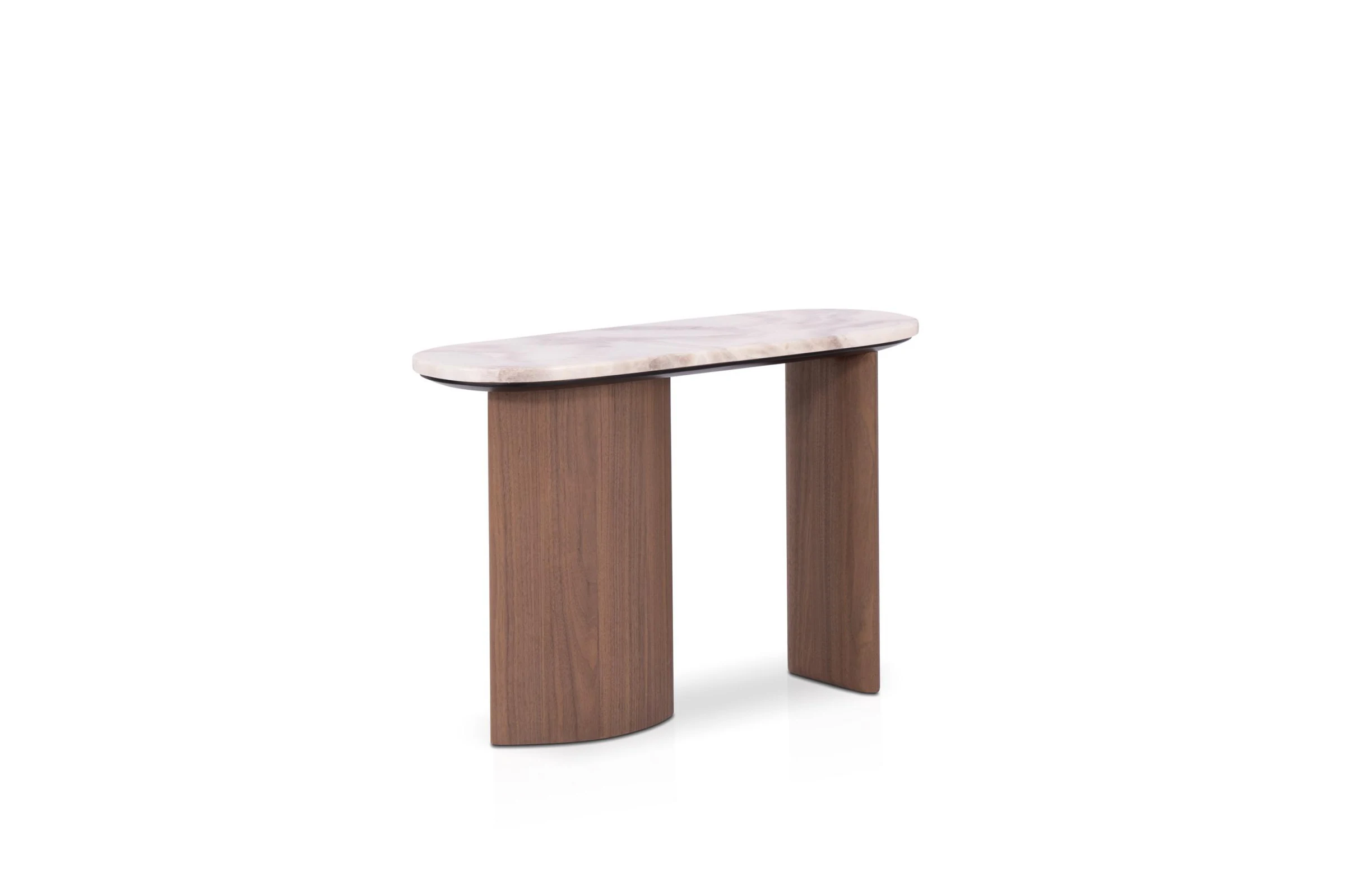 Mesa auxiliar angosta de tapa veteada sobre dos pies 76 × 26 cm