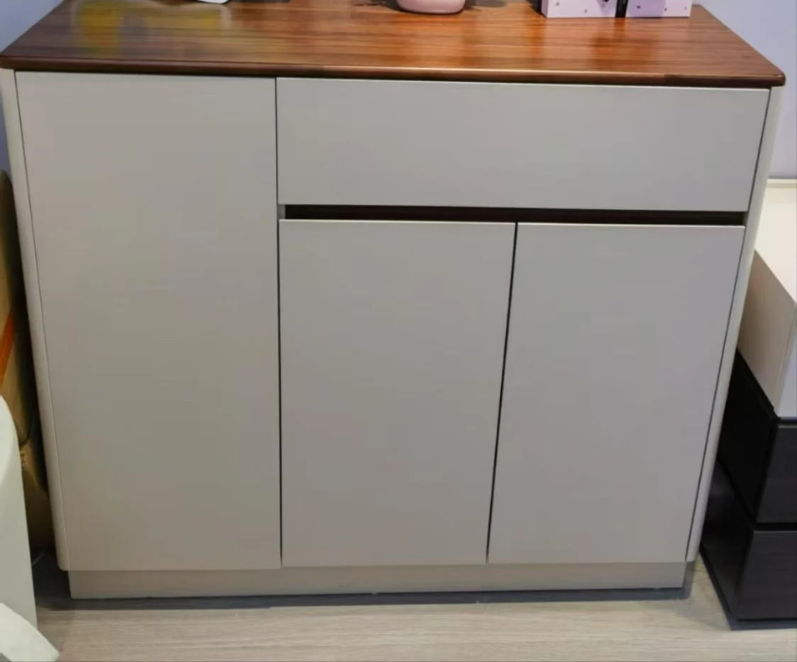 Zapatero blanco crema y nogal, con tapa de vidrio, 100 × 35 × 90 cm