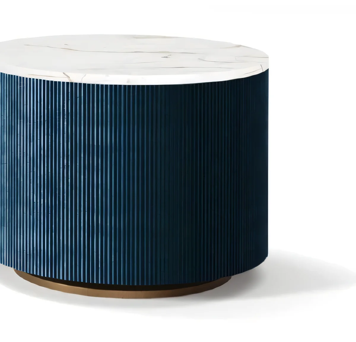 Mesa auxiliar cilíndrica acanalada con tapa blanca, azul