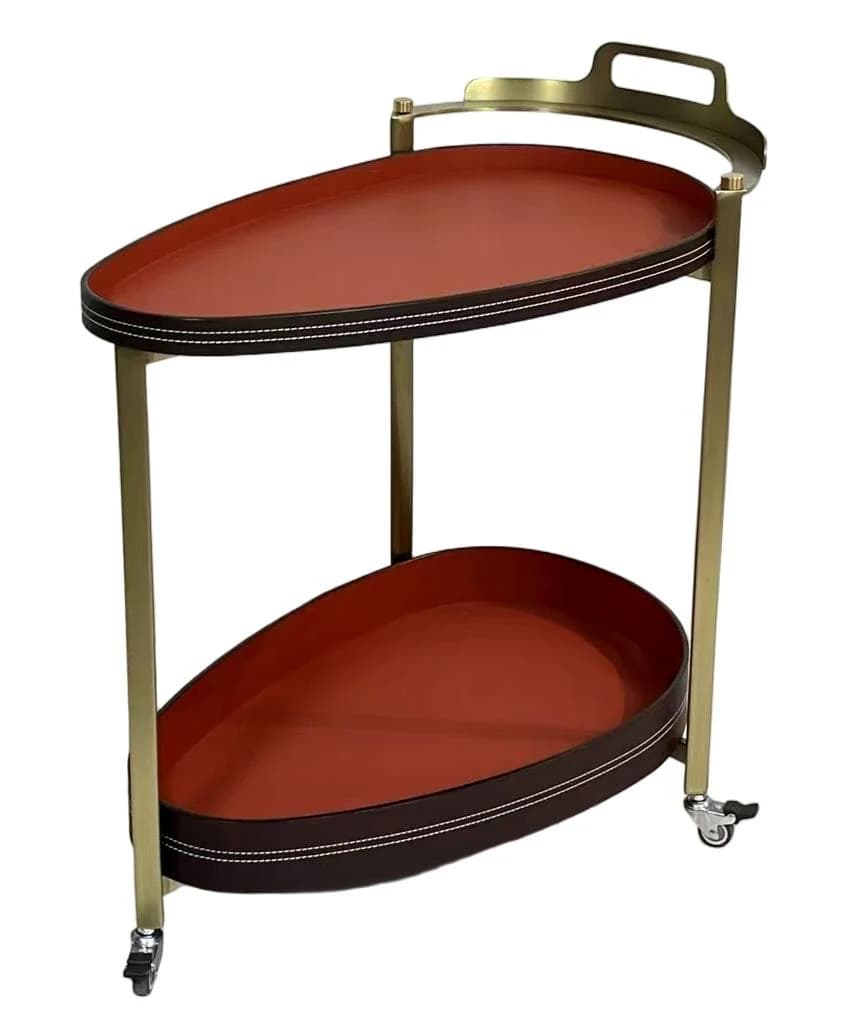 Carrito de bar ovalado de dos bandejas de cuero rojo 55 × 42 × 65 cm