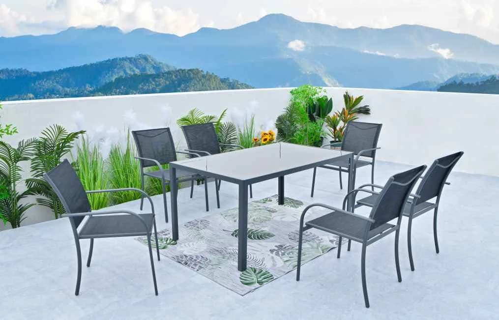 Juego de comedor de 7 piezas de aluminio, mesa de vidrio templado y sillas con textileno