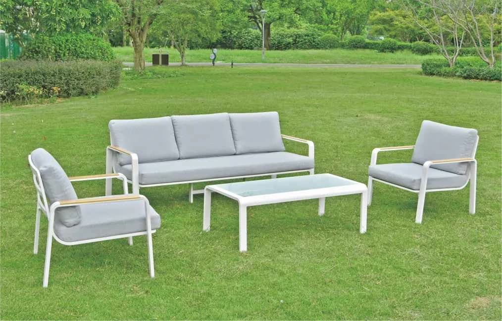 Juego de living de aluminio, mesa de vidrio templado y asientos con almohadones, gris claro · modelo 01