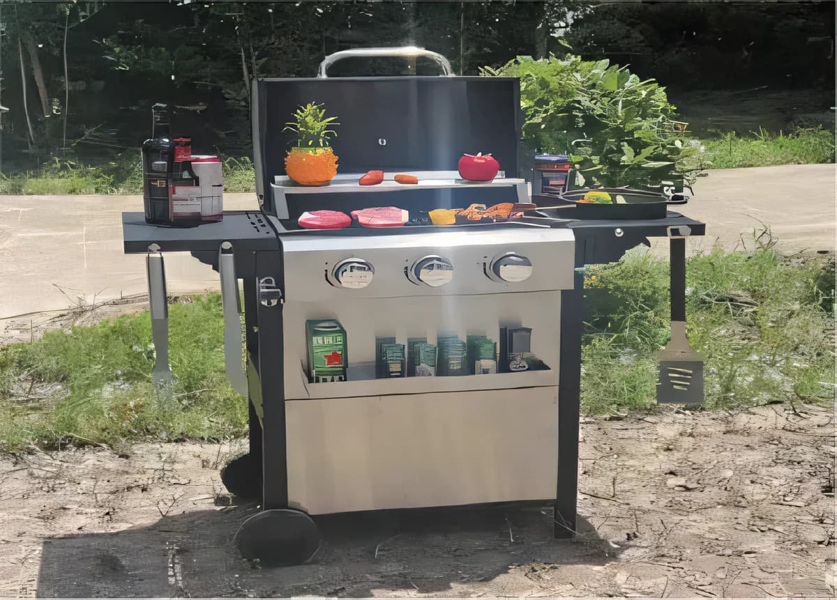 Parrilla de tres quemadores con carro, ruedas y estantes laterales