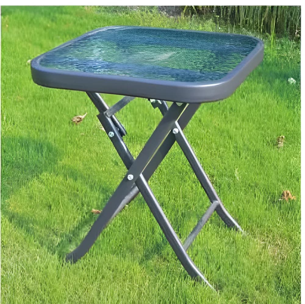 Mesa auxiliar de exterior de acero con tapa de vidrio templado, grafito · modelo 02