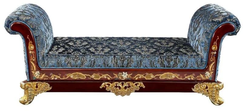 Banco de pie de cama con laterales enrollados y tapizado azul 180 × 60 cm