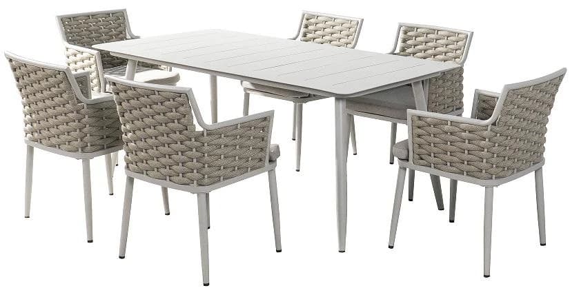 Juego de comedor de exterior con mesa y seis sillones tejidos