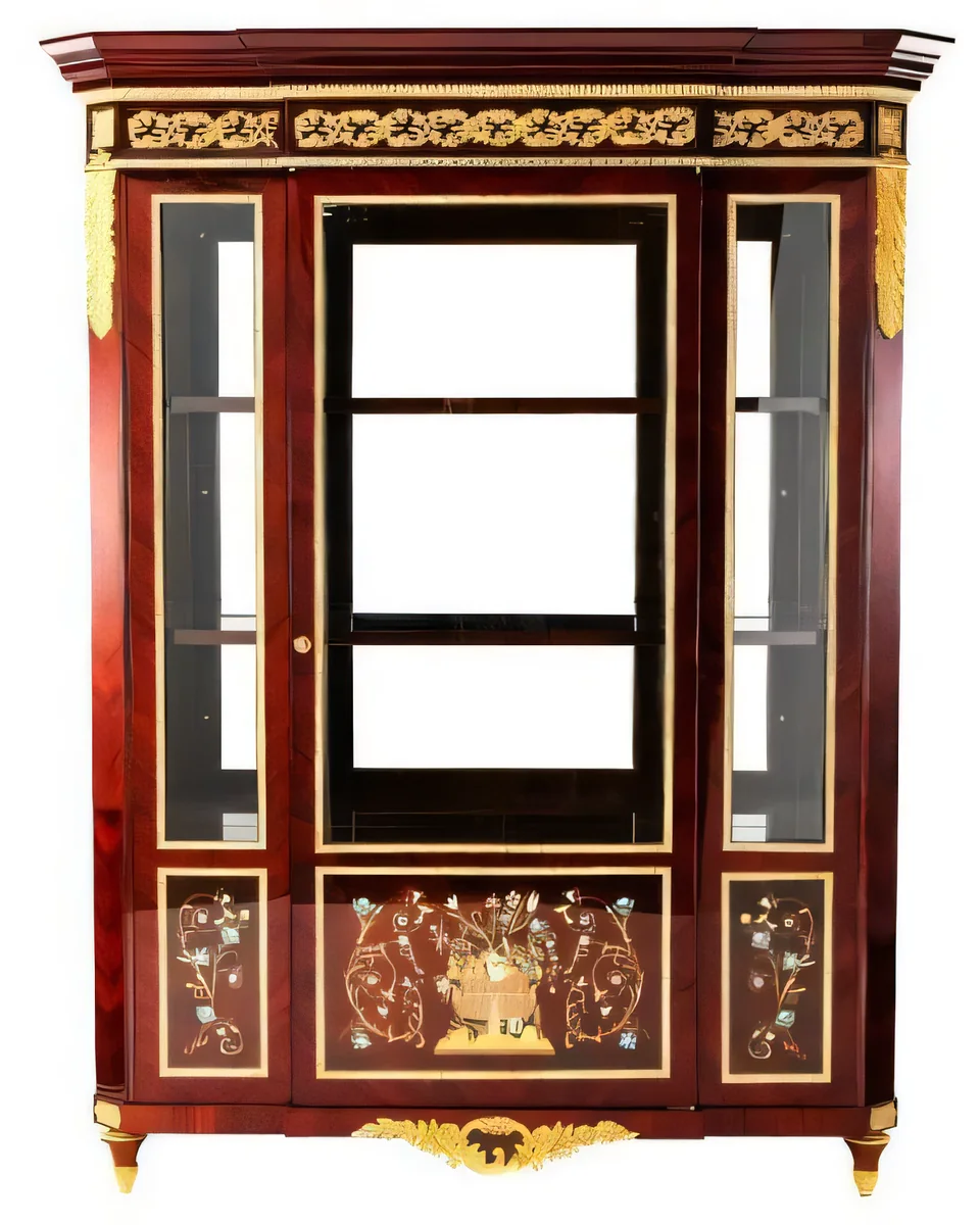 Vitrina de dos puertas con frisos dorados 160 × 58 cm