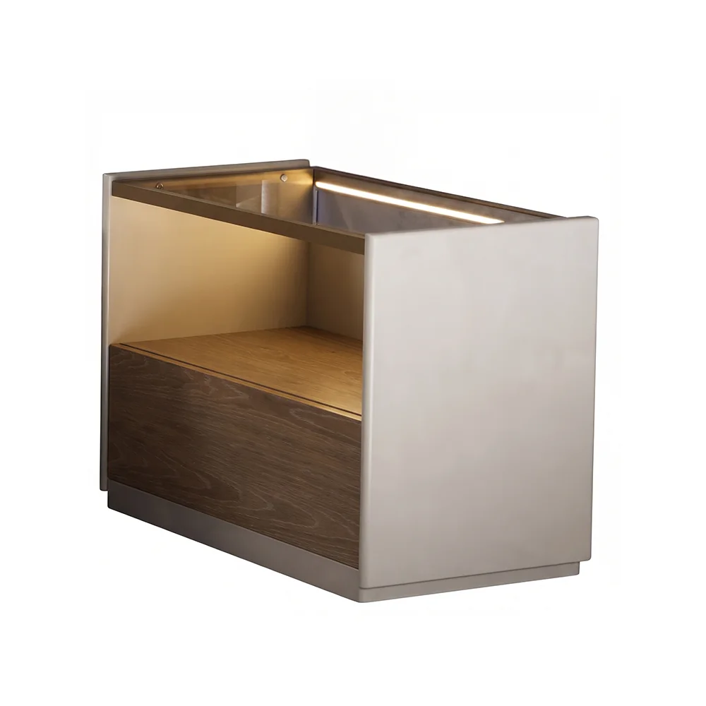 Mesa de luz con nicho abierto y cajón en tono madera