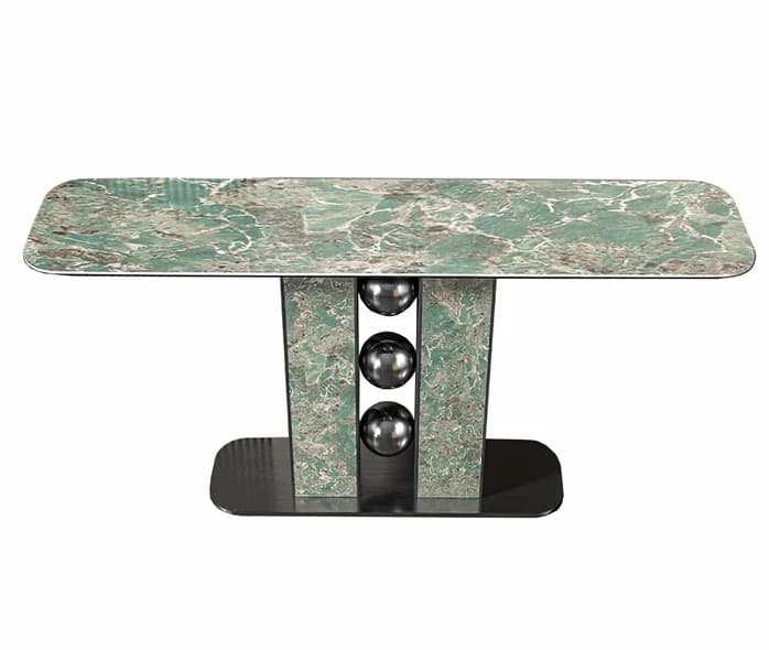 Consola con tapa verde símil mármol y pie con aros 150 × 45 cm
