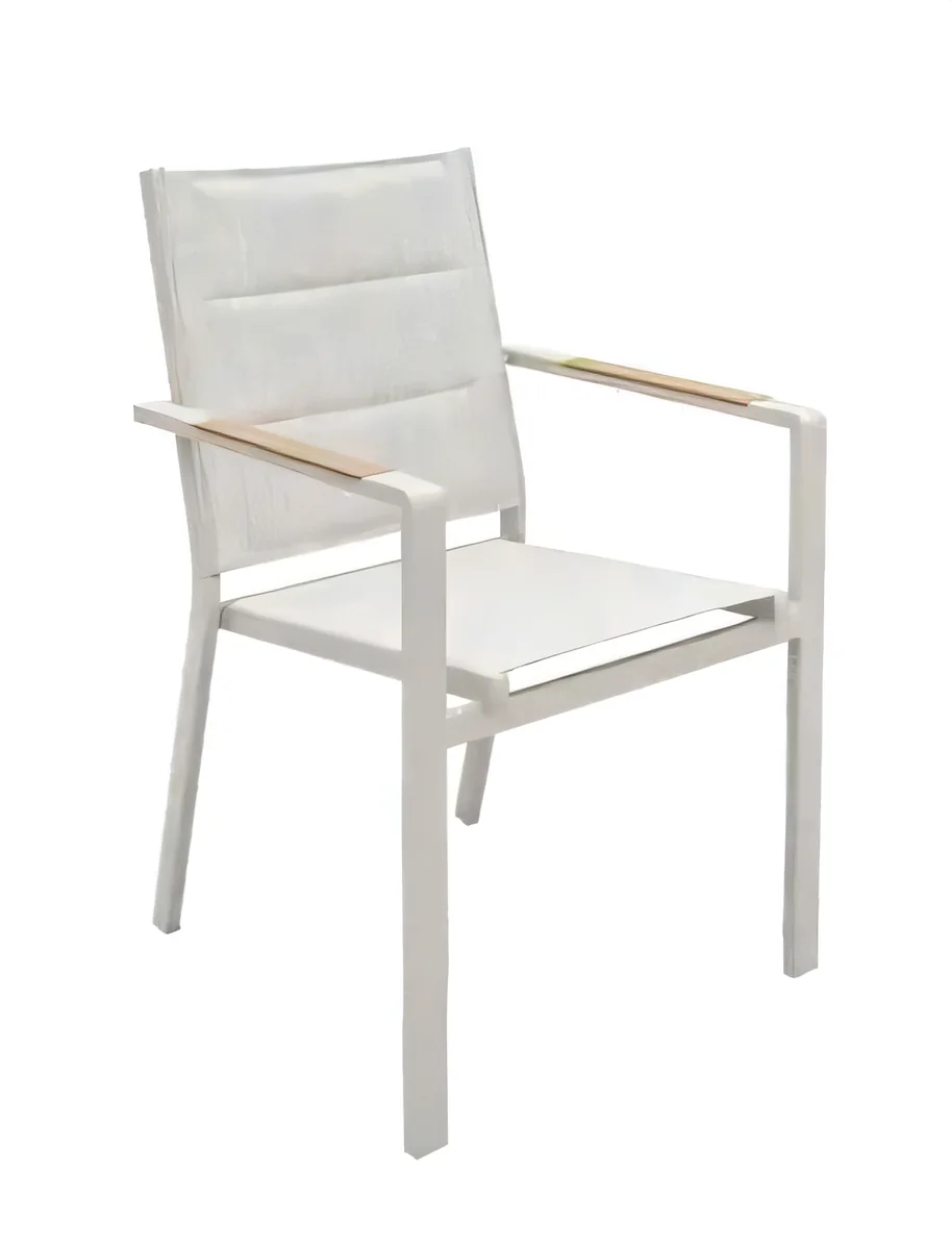 Silla de exterior de aluminio con textileno acolchado y aluminio con acabado símil madera por transferencia térmica