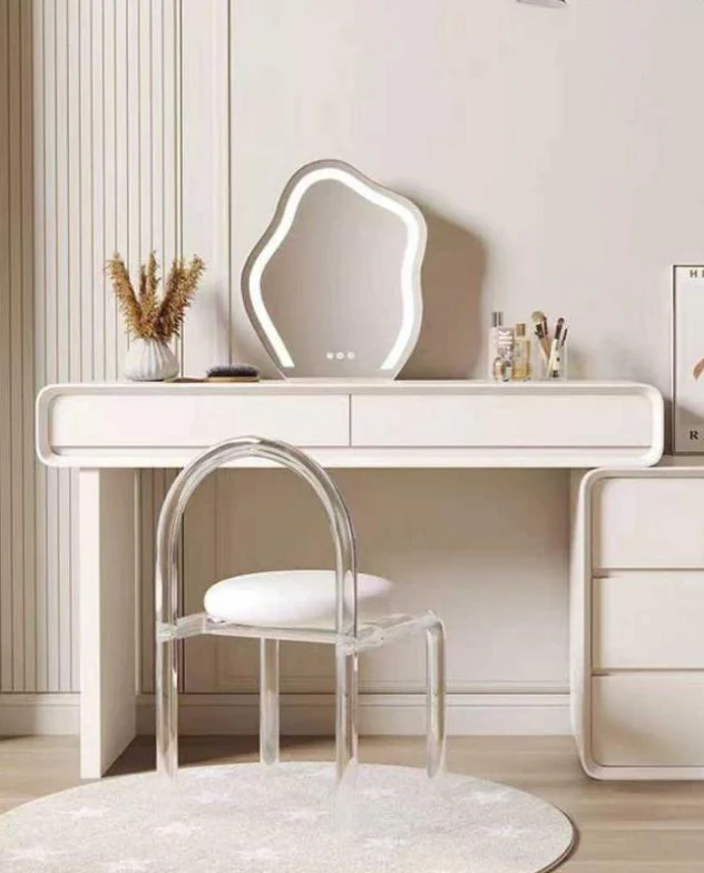 Tocador de dos cuerpos con espejo y banqueta, blanco crema, 100 × 40 cm · modelo 01