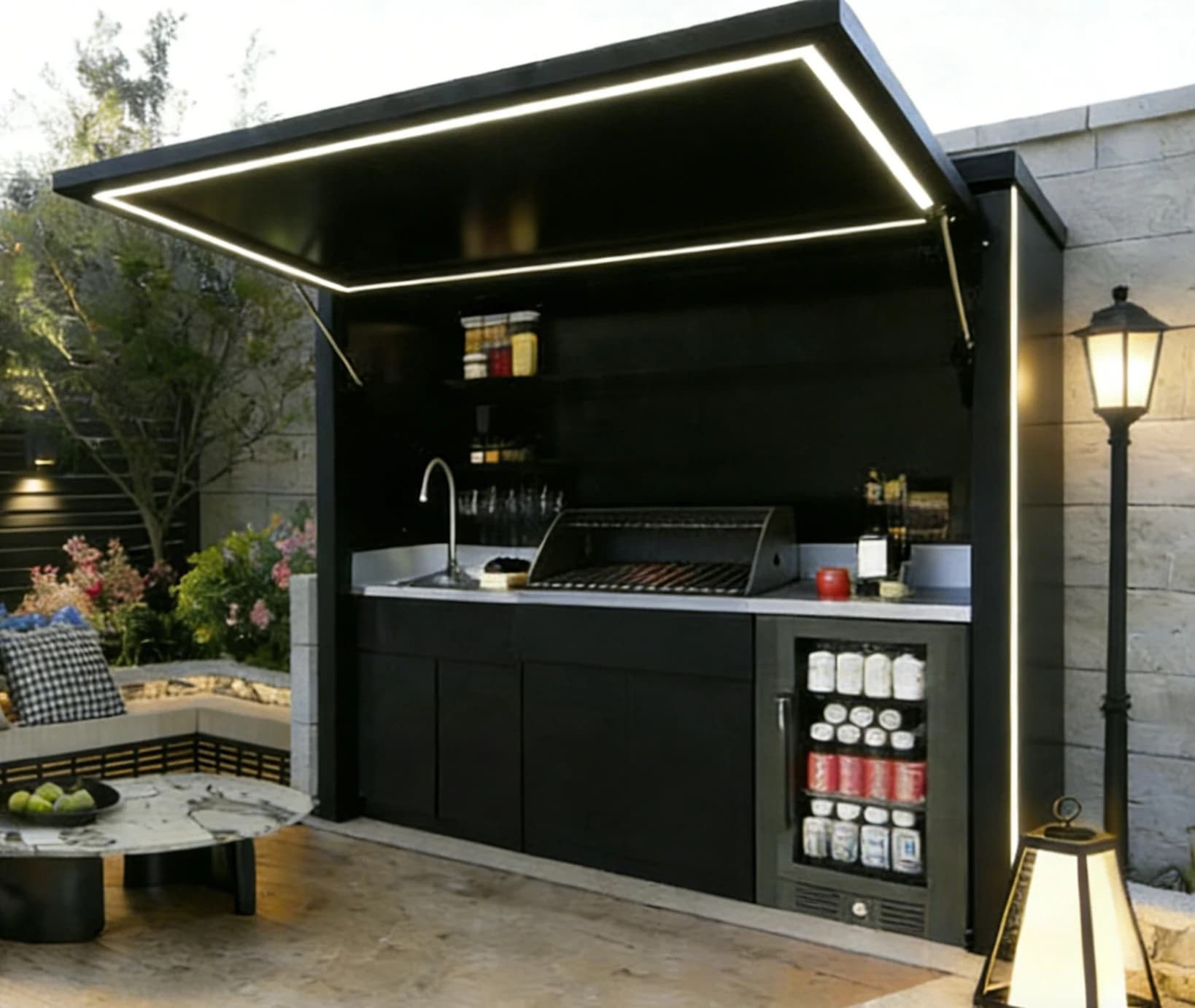 Cocina de exterior negra con alero y frigobar