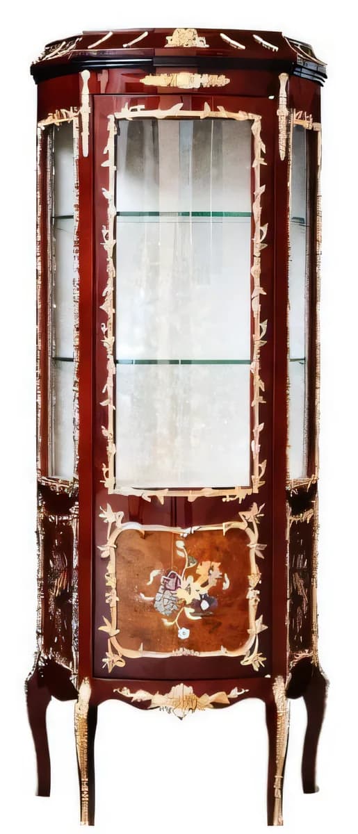 Vitrina de una puerta con frente curvo y apliques dorados 70 × 35 cm