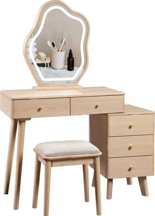 Tocador de dos cuerpos con espejo y banqueta, madera natural, 80 × 40 cm · modelo 01