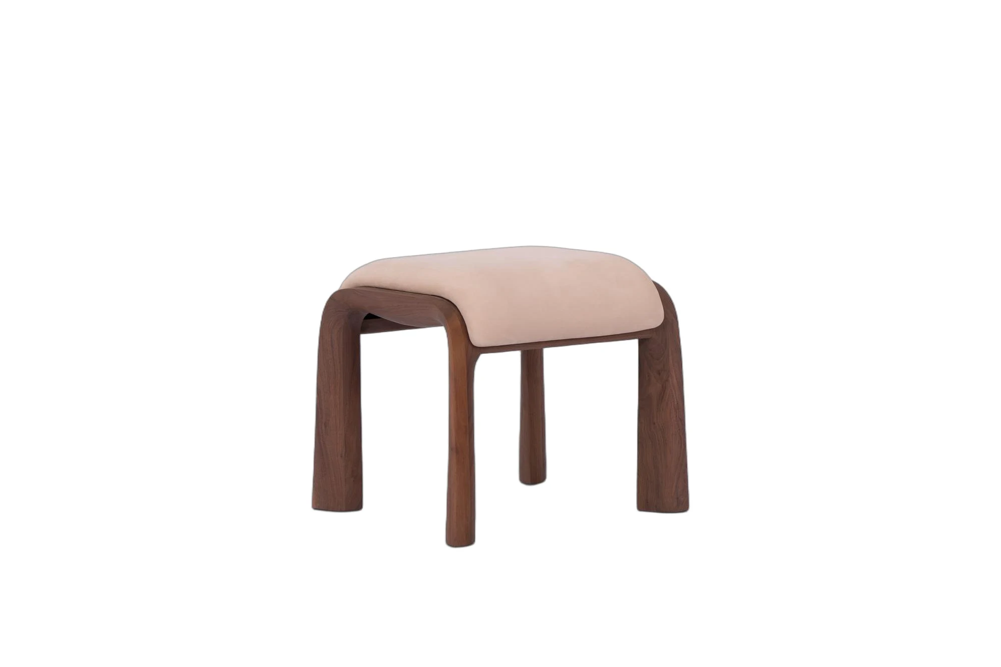 Banqueta Mulita · Banqueta baja con asiento tapizado y patas curvas en tono madera 52 × 45 cm