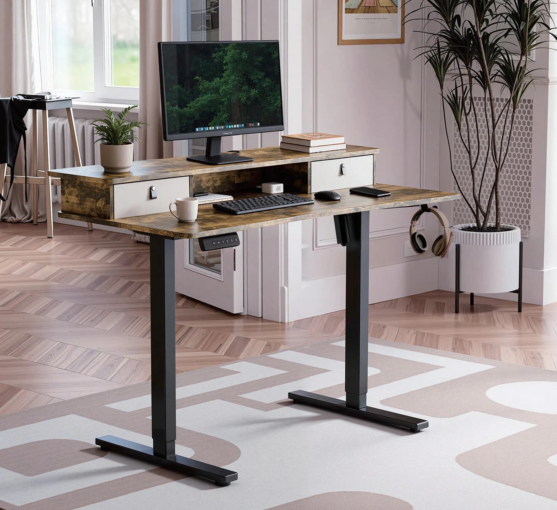 Escritorio regulable eléctrico con estante elevado y cajón 120 × 60 cm