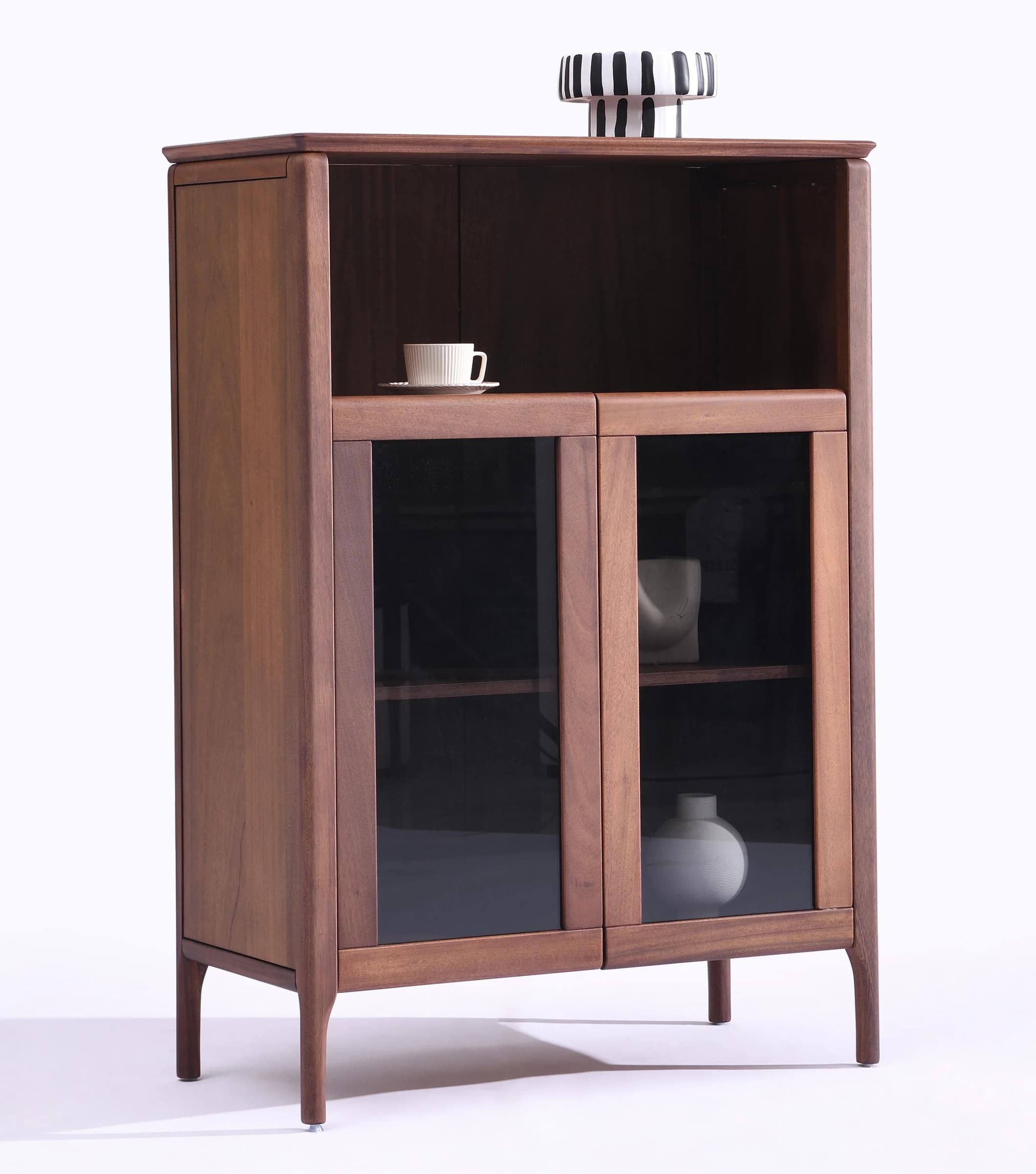 Vitrina baja con dos puertas transparentes y nicho superior 120 cm de alto