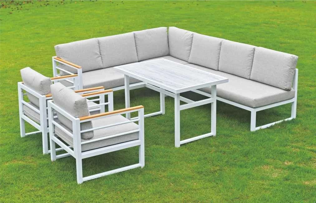 Juego de living modular de acero, mesa de vidrio templado o vidrio símil piedra y asientos con almohadones