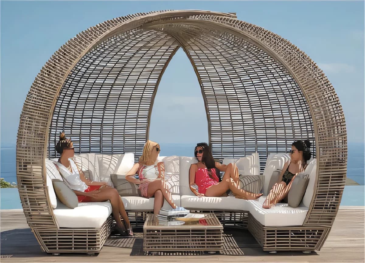 Daybed tejido con techo en arco, sofás curvos y mesa