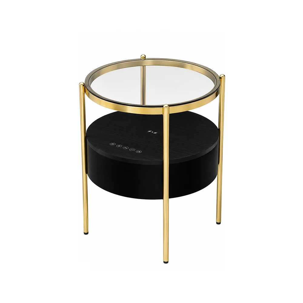 Mesa auxiliar redonda con parlante, tapa transparente y estructura dorada 46 cm