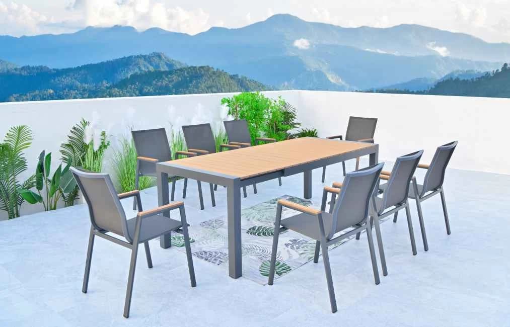 Juego de comedor de 7 o 9 piezas de aluminio, mesa de polywood y sillas con textileno