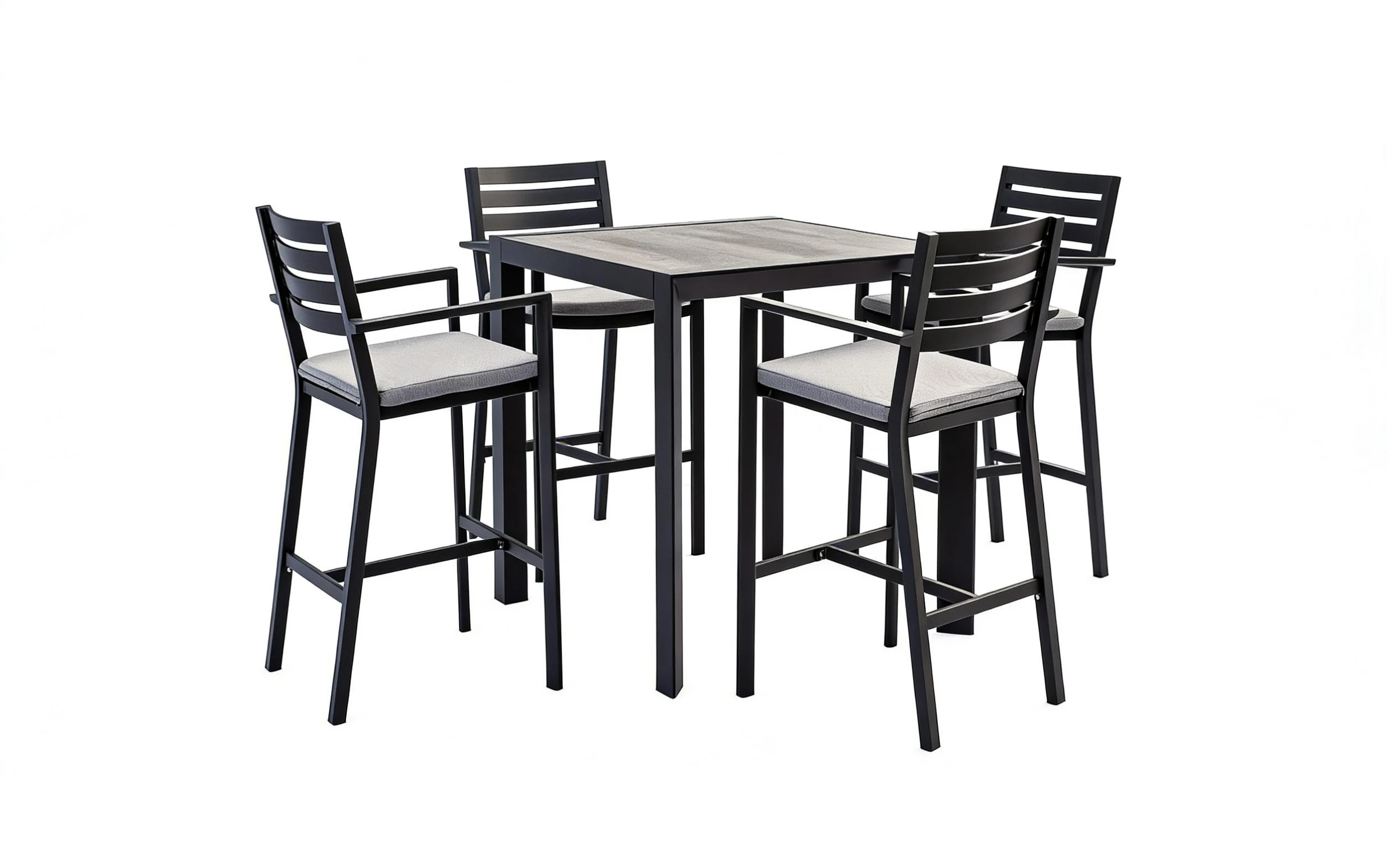 Juego de bar de exterior con mesa alta de 94 cm y cuatro banquetas