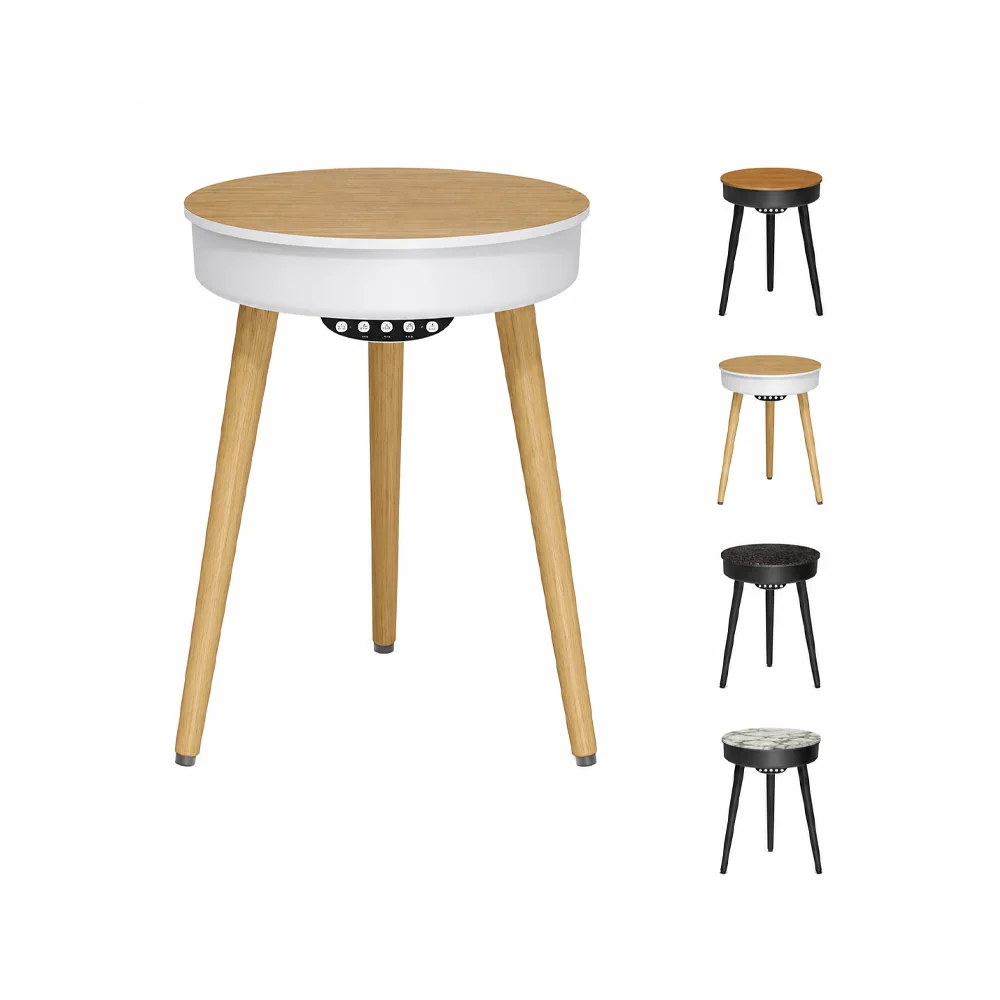 Mesa auxiliar redonda con parlante a batería y tres patas símil madera 40 cm