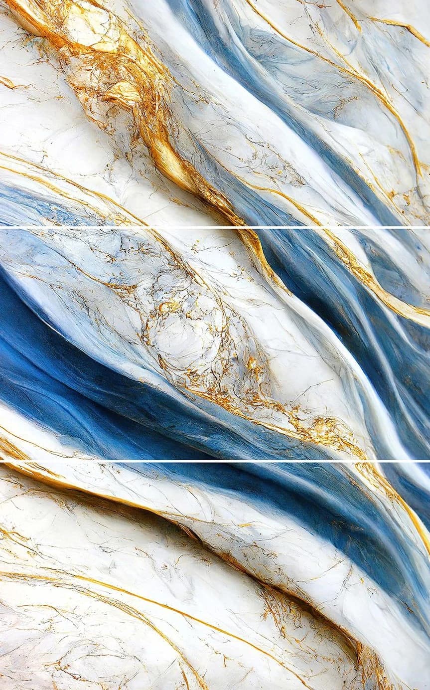Revestimiento símil mármol blanco y azul con vetas doradas 02