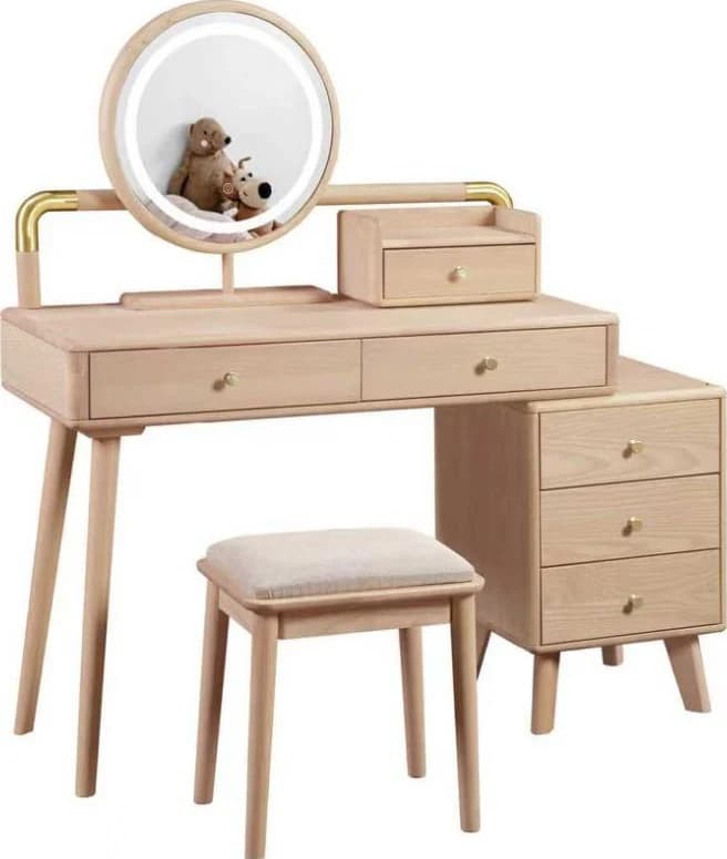 Tocador de dos cuerpos con espejo y banqueta, madera natural, 100 × 40 cm