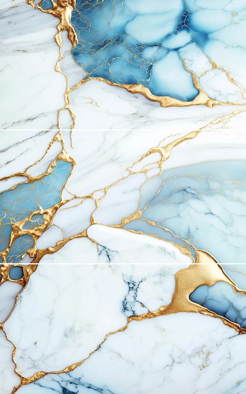 Revestimiento símil mármol blanco y azul con vetas doradas 01