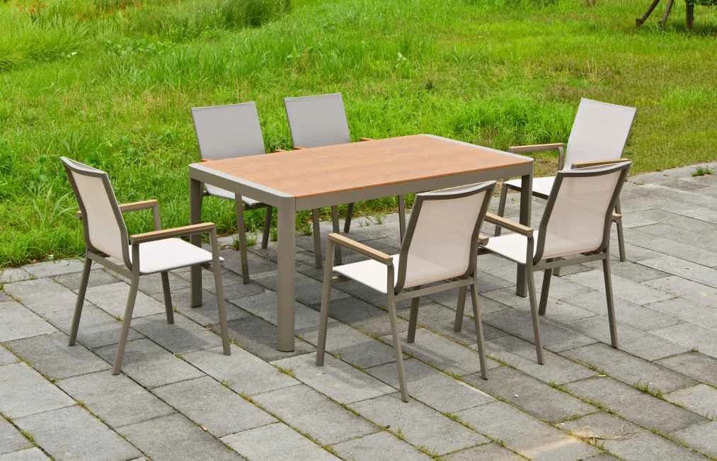 Juego de comedor de 7 piezas de aluminio, mesa de polywood y sillas con textileno