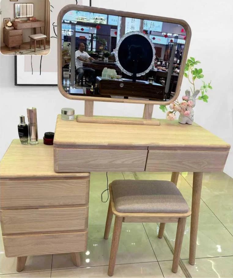 Tocador de dos cuerpos con espejo y banqueta, madera natural, 80 × 40 cm · modelo 02