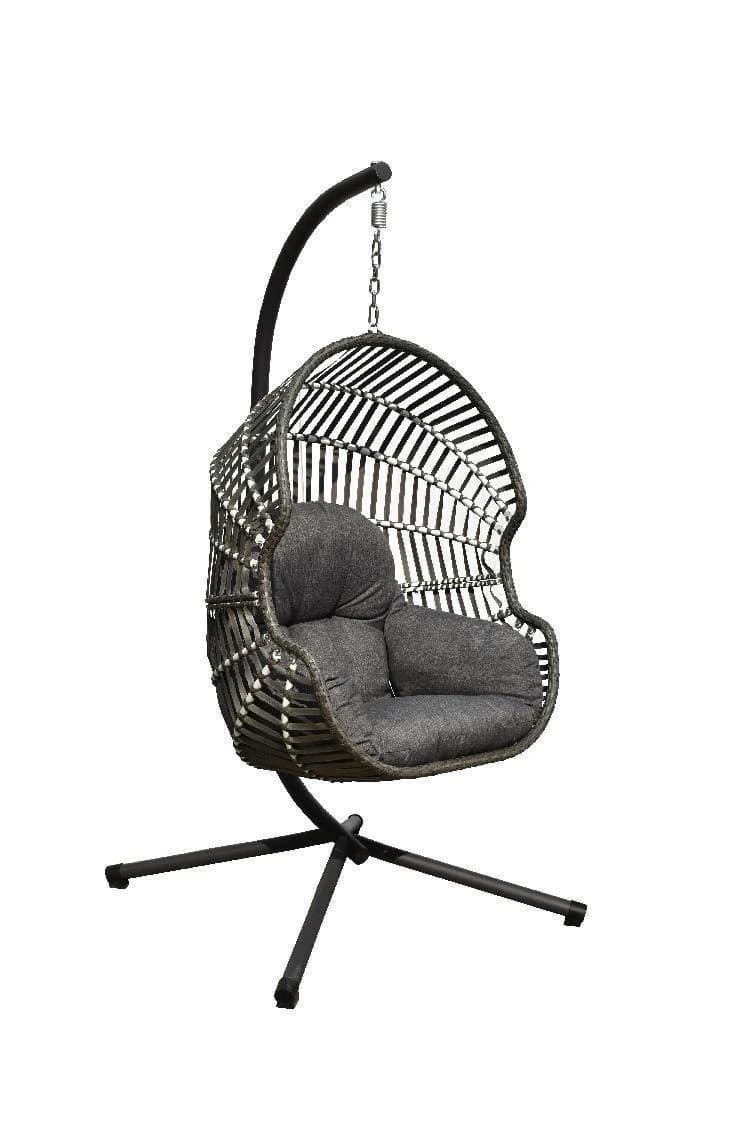 Sillón colgante tipo huevo con pie en cruz y almohadón gris