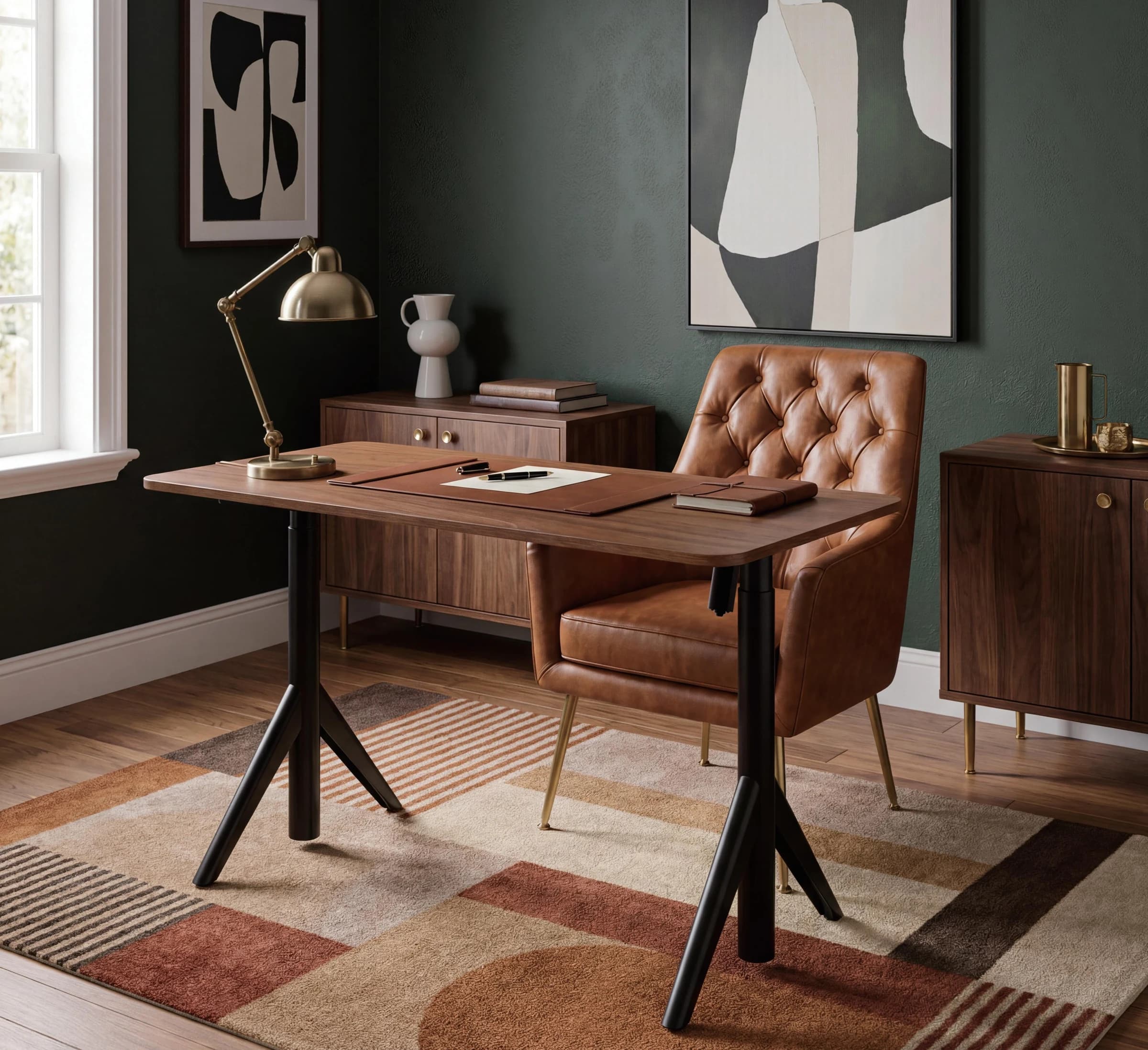 Escritorio regulable eléctrico con pie trípode negro y tapa en tono madera oscura 120 × 60 cm