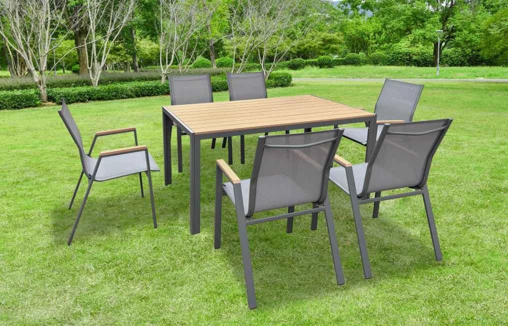 Juego de comedor de 7 piezas de acero, mesa de polywood y sillas con textileno