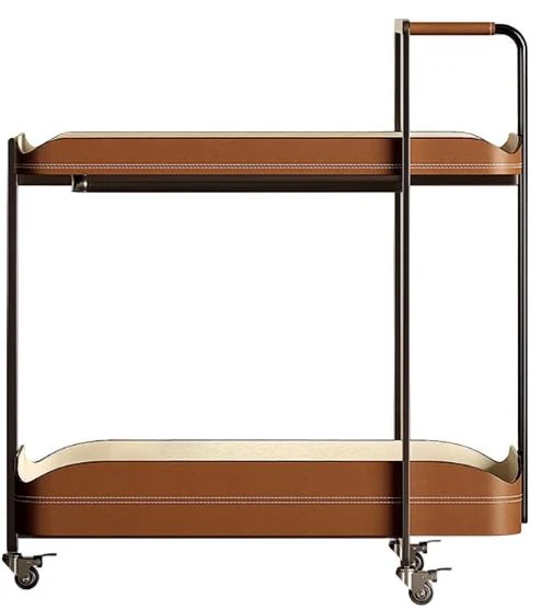 Carrito de bar rectangular de dos bandejas de cuero marrón 70 × 40 × 78 cm
