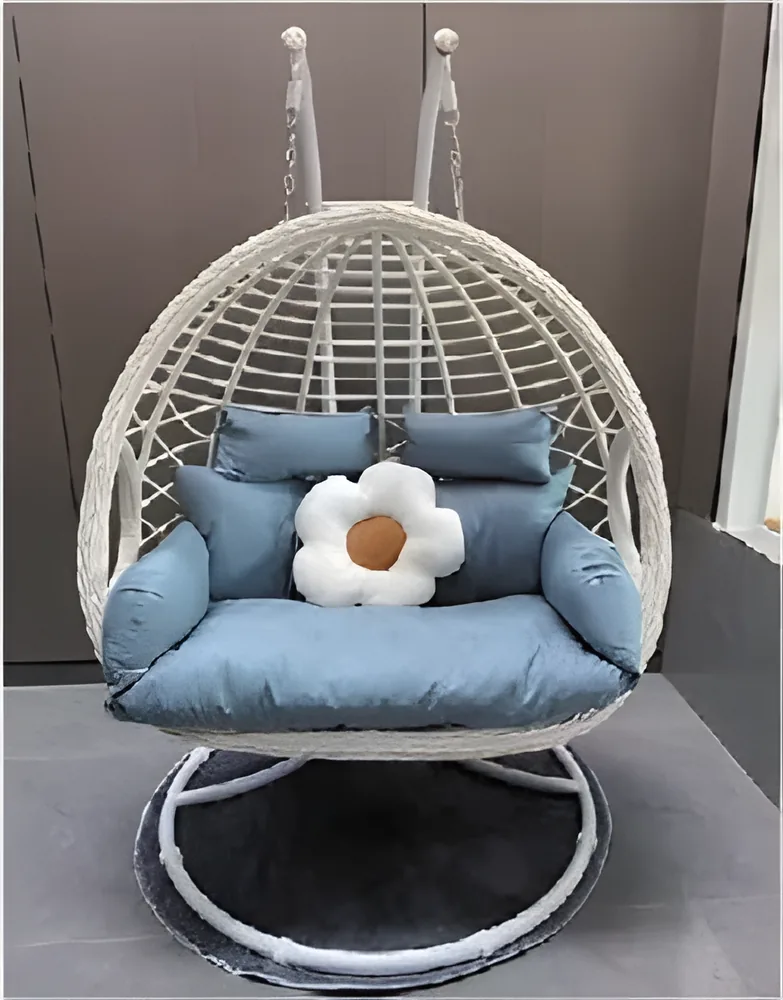 Sillón huevo colgante tejido blanco con soporte y almohadones
