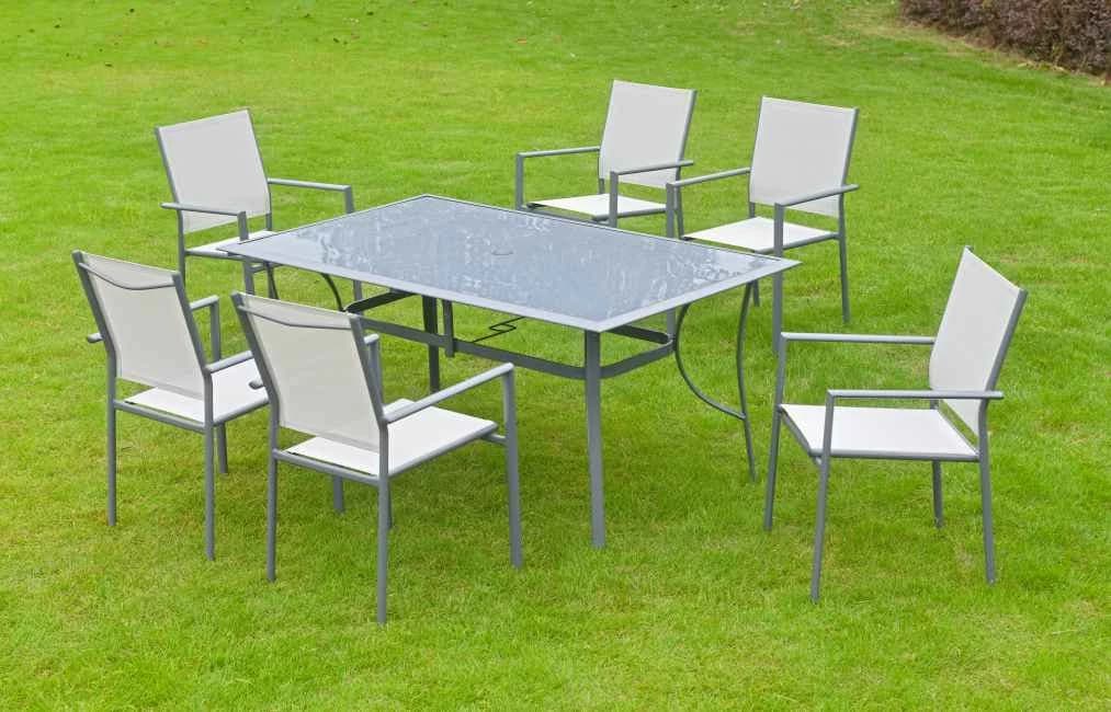 Juego de comedor de 7 piezas de exterior, mesa de vidrio templado y sillas con textileno