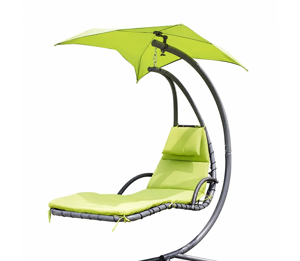 Hamaca colgante individual con arco y techito, estructura de acero y asiento con textileno y almohadones