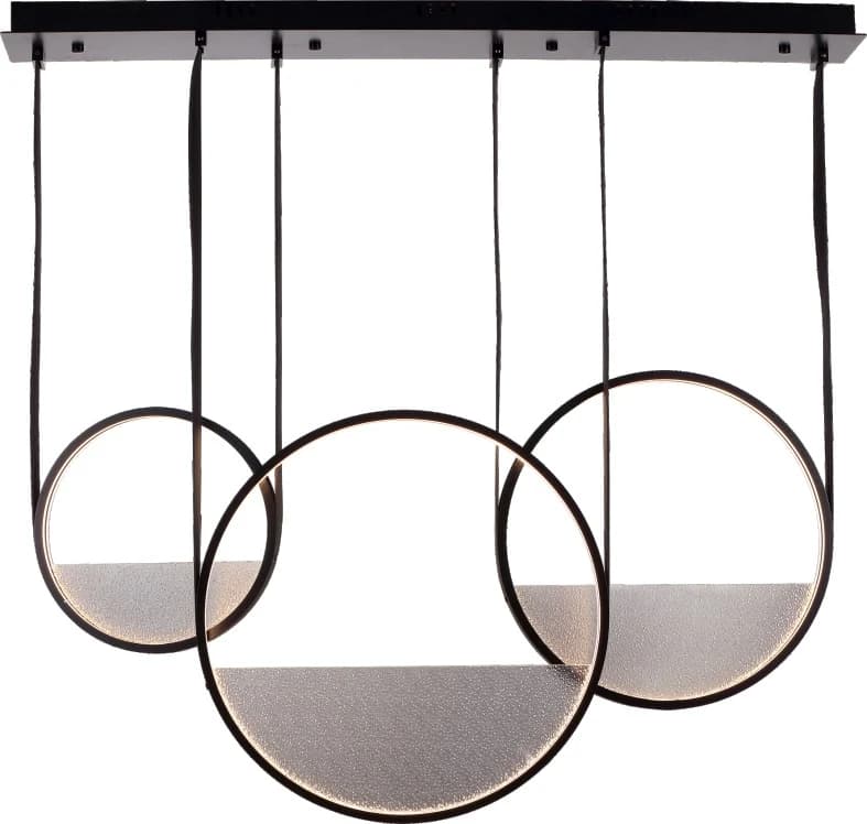 Colgante lineal de tres aros negros con vidrio texturado 130 cm