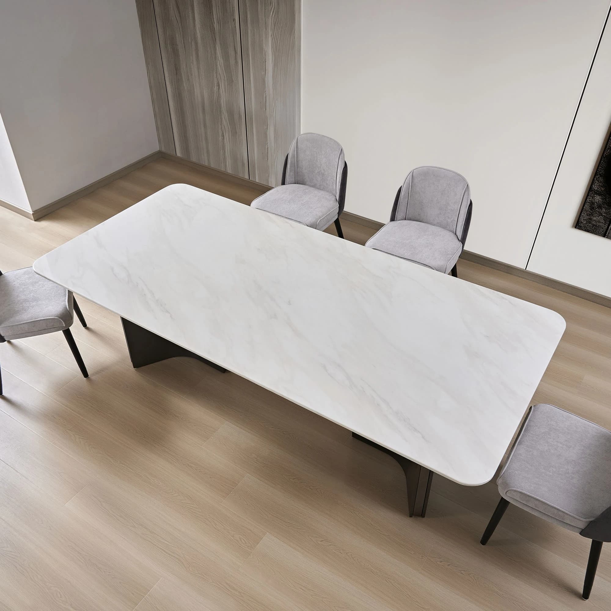 Mesa de comedor rectangular con dos bases curvas