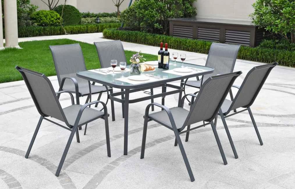Juego de comedor de 7 piezas de acero, mesa de vidrio templado y sillas con textileno
