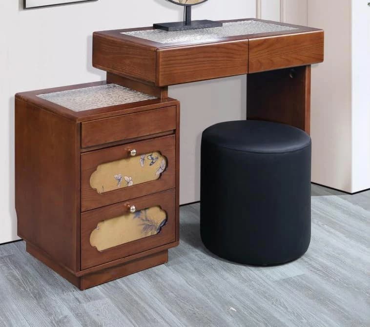 Tocador de dos cuerpos con espejo y banqueta, madera envejecida con detalle plateado, 80 × 40 cm · modelo 01
