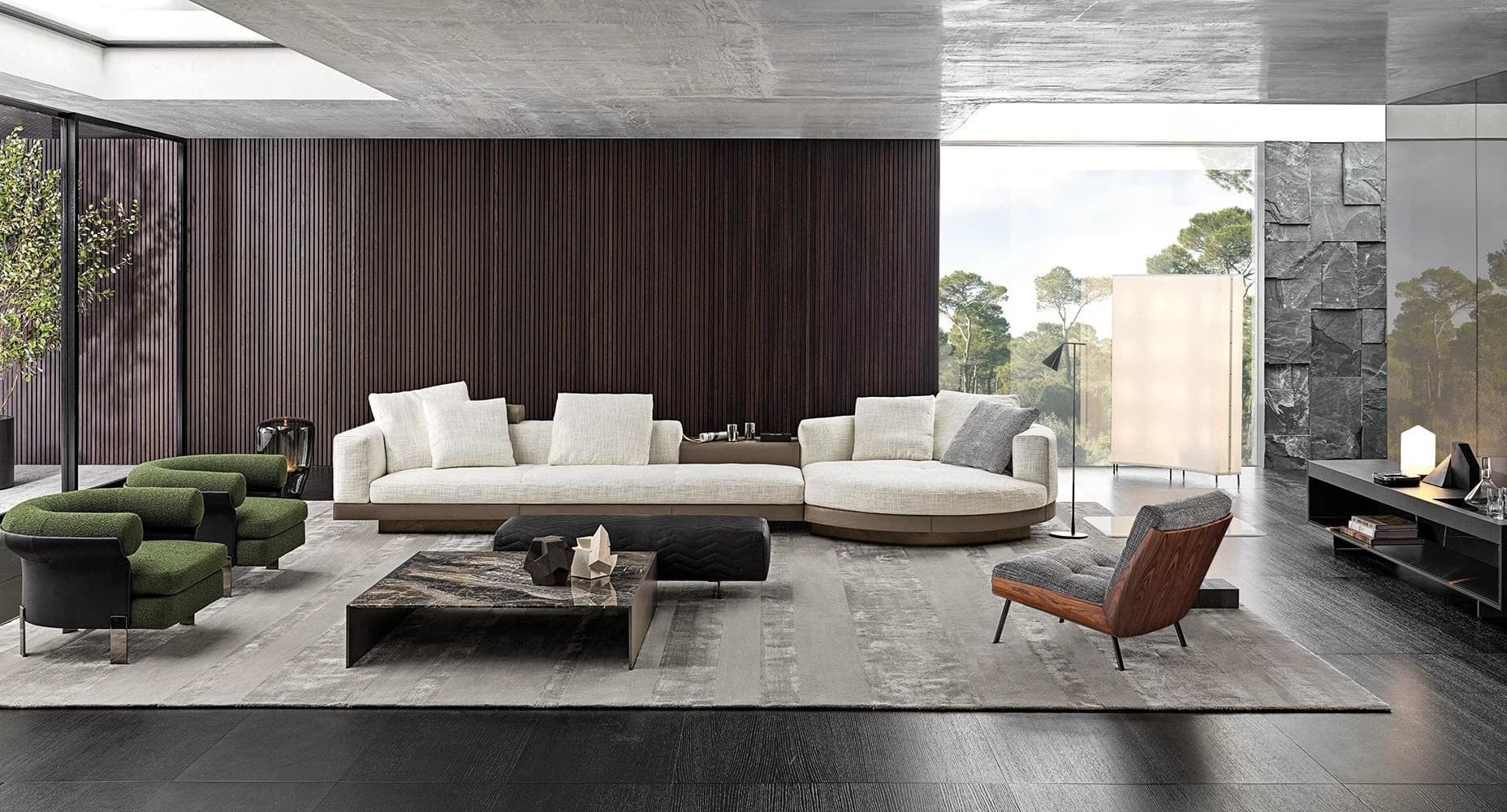 Sofá Tera · Sofá modular con brazo de chapa y chaise redonda 410 × 180 cm