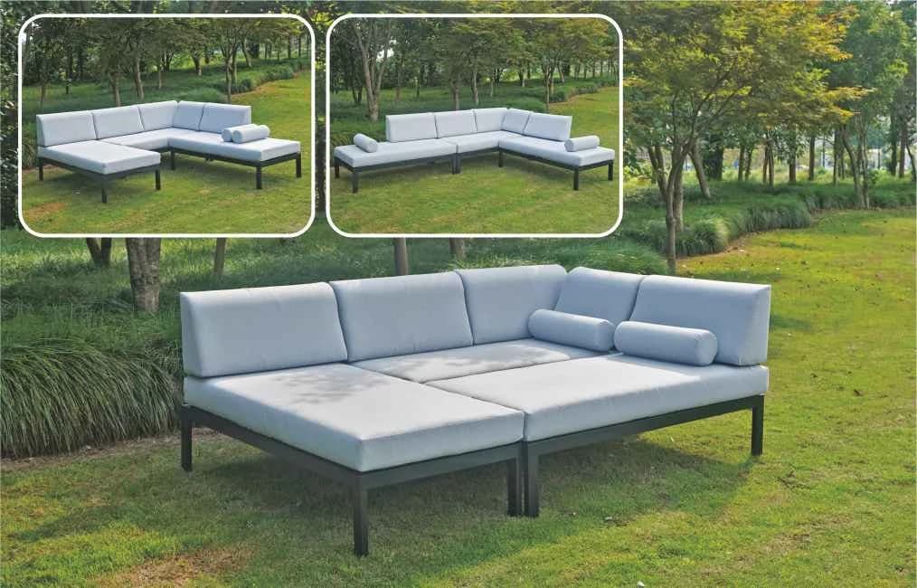 Juego de living modular de acero y asientos con almohadones