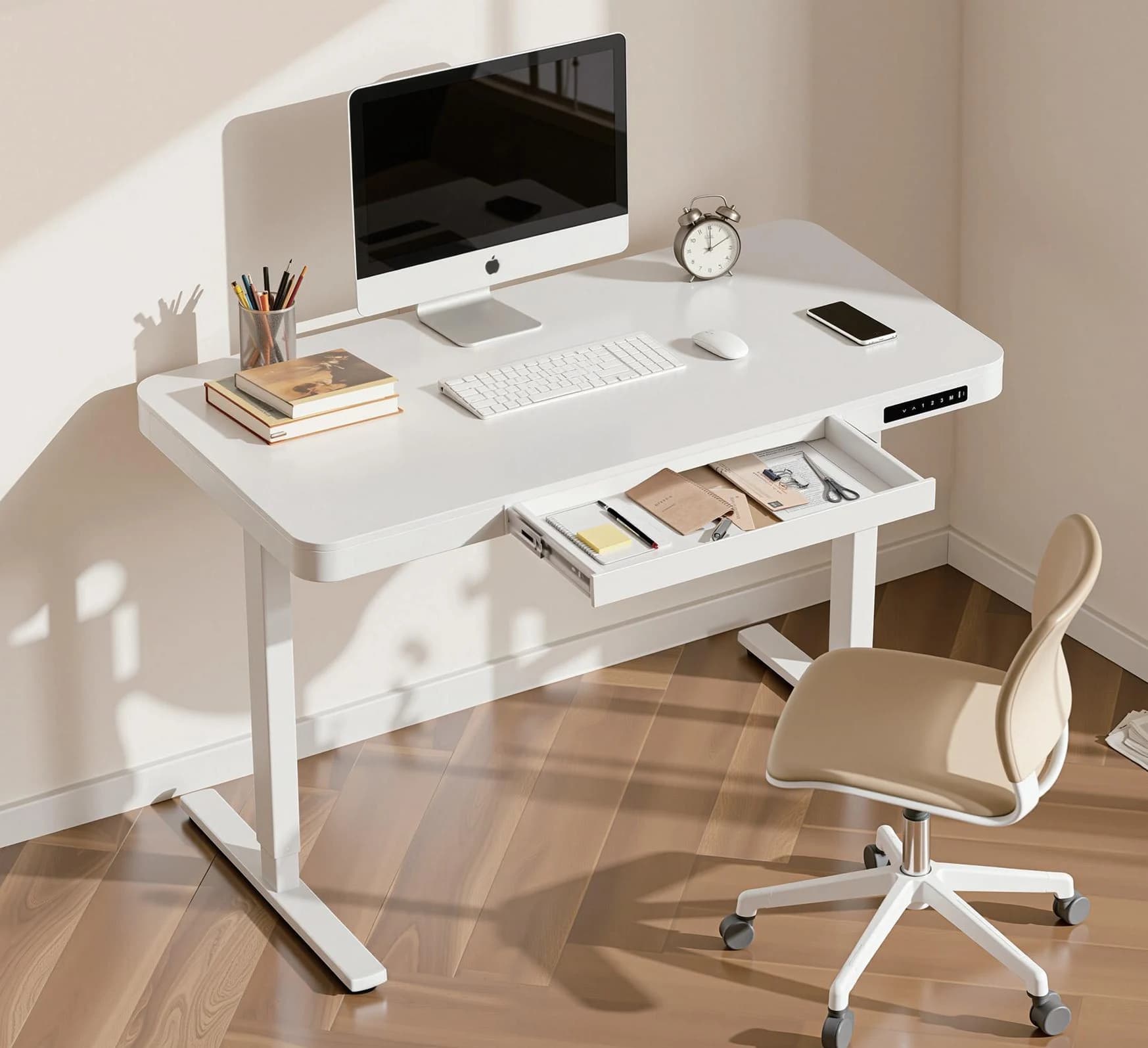 Escritorio regulable eléctrico con panel de control integrado, USB y cajón oculto 120 × 60 cm