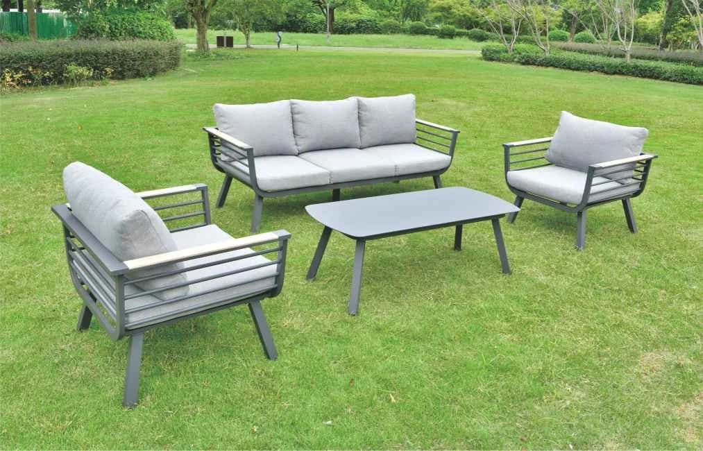 Juego de living de aluminio, mesa de chapa de aluminio y asientos con almohadones, gris · modelo 01