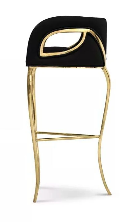 Banqueta Bernardino · Banqueta alta tapizada con respaldo calado y patas doradas 58 cm