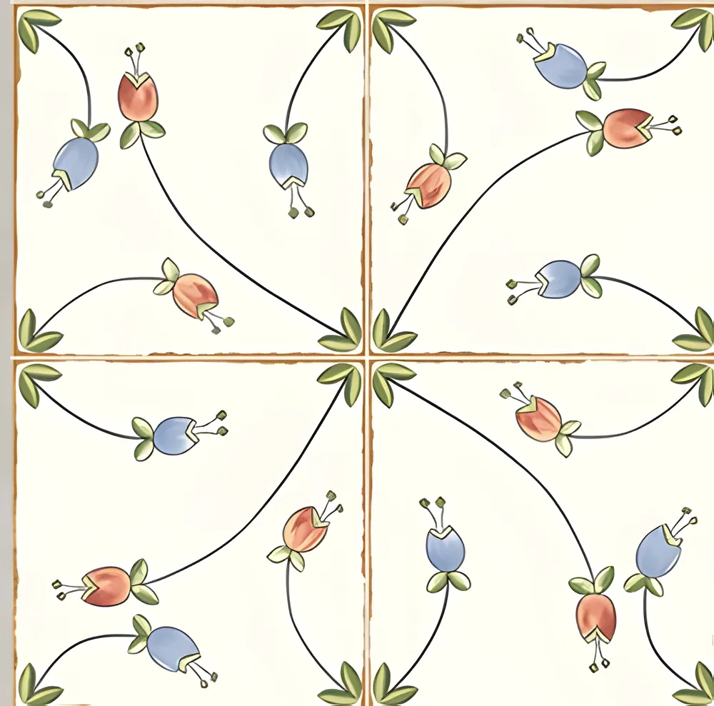 Porcelanato decorado enredadera floral azul y rosa 40 × 40