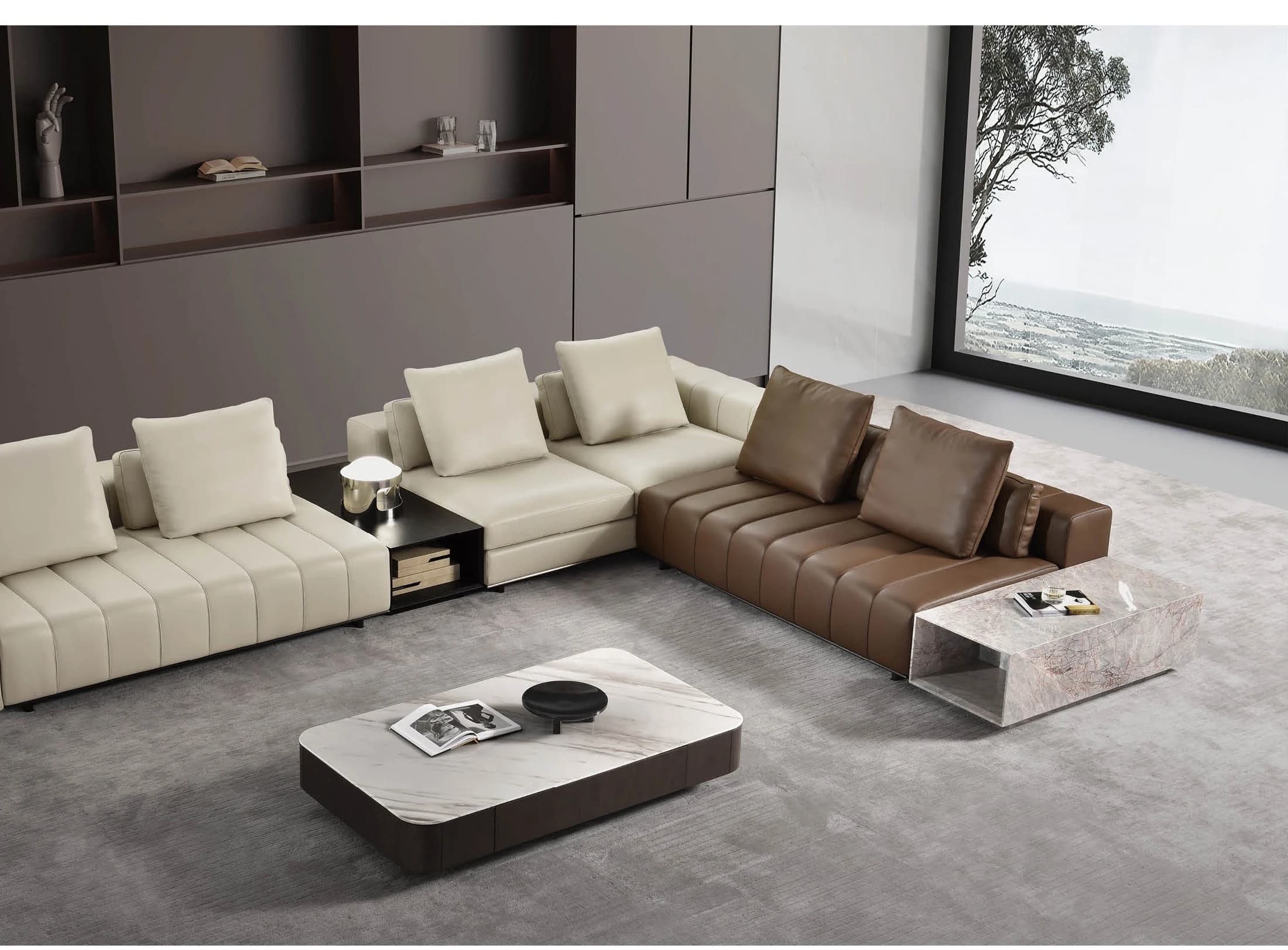 Sofá Tafeta · Sofá modular con cabezales y extremo en contraste